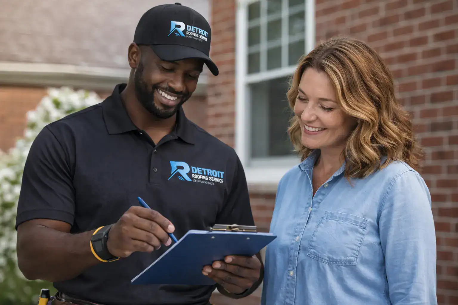Roofer in white uniform talking with a woman at her home.